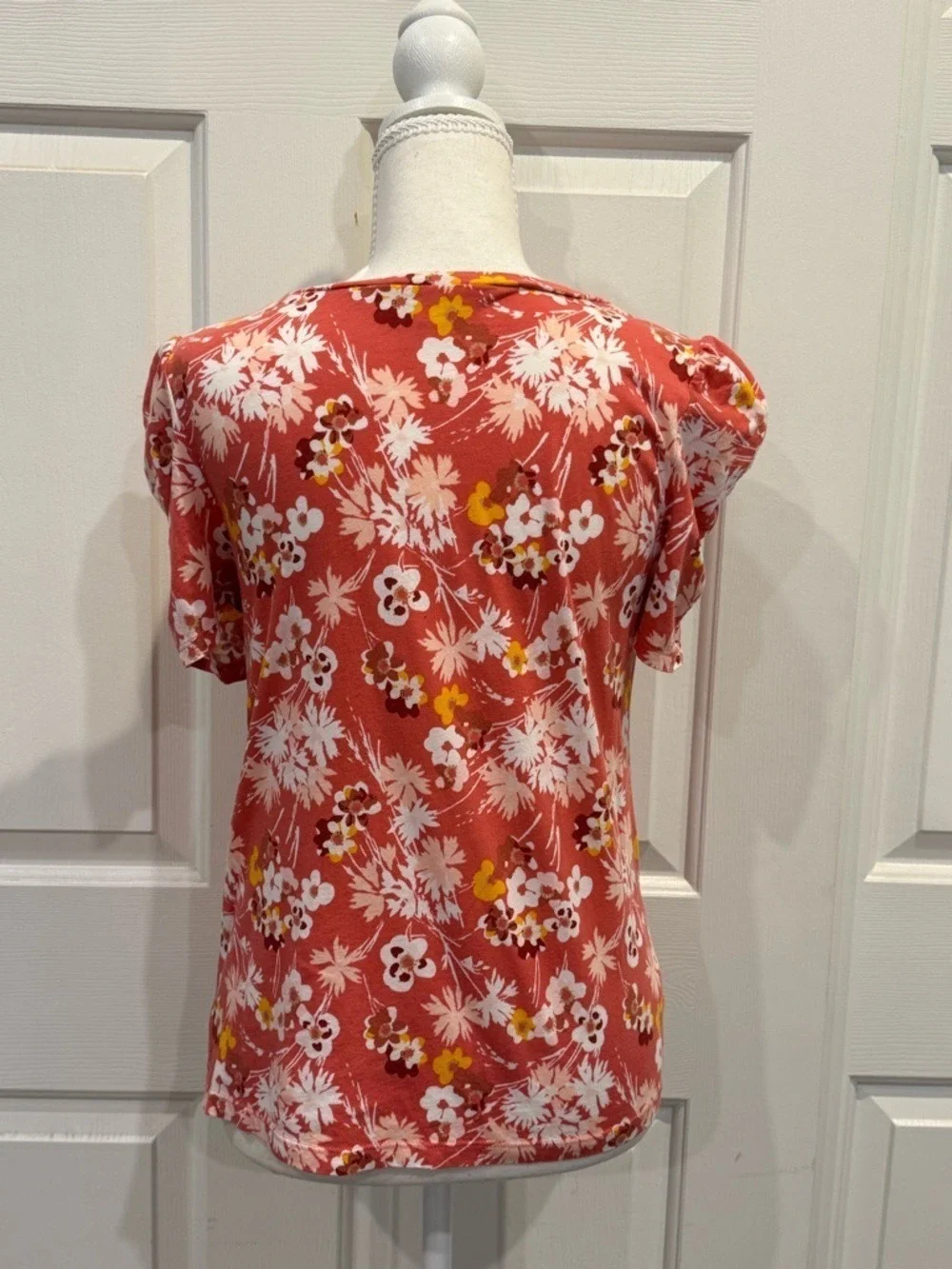 LOFT Floral Puff Sleeve Top Coral Blouse Summer Tee Size S